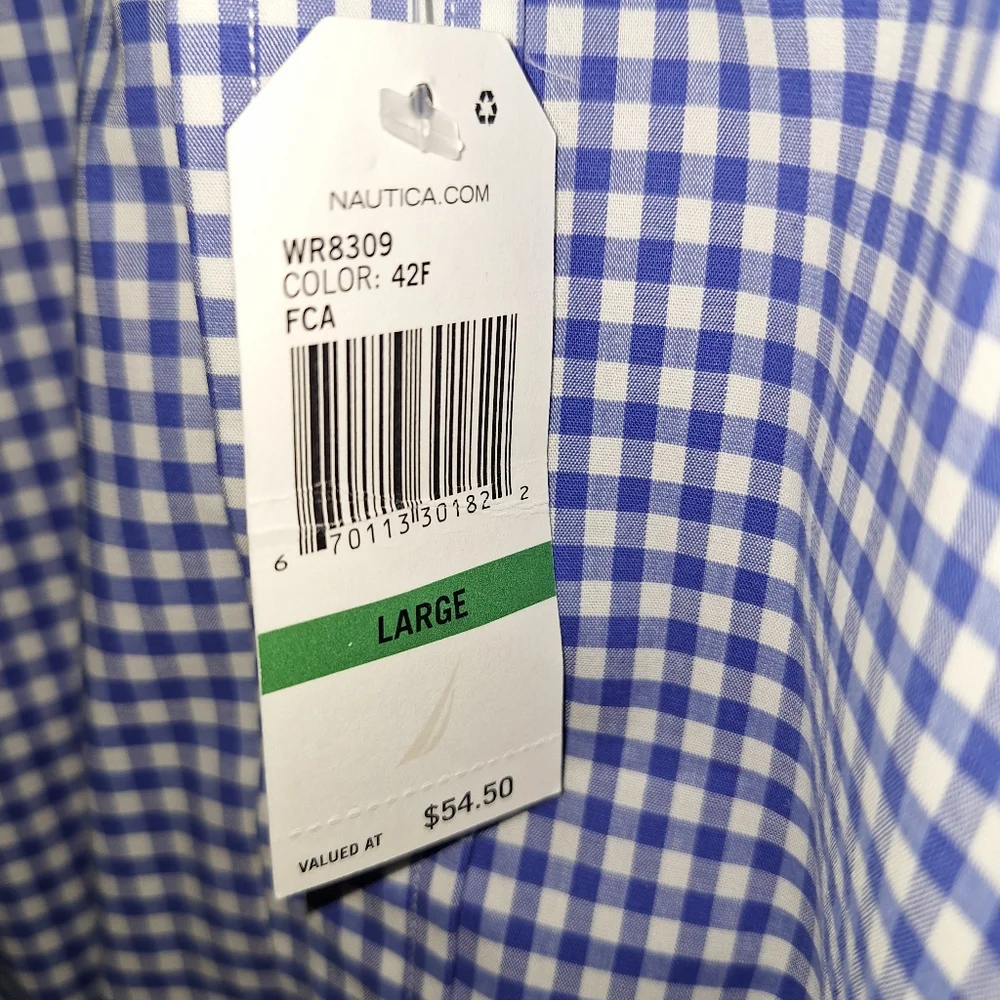 NWT Nautica Button Up Shirt~Blue Gingham~Checker~Nautica Flex~Lg - Picture 4 of 6